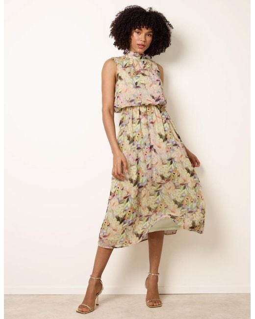 Blue Vanilla Pink Watercolour Printed Sleeveless Midi Dress
