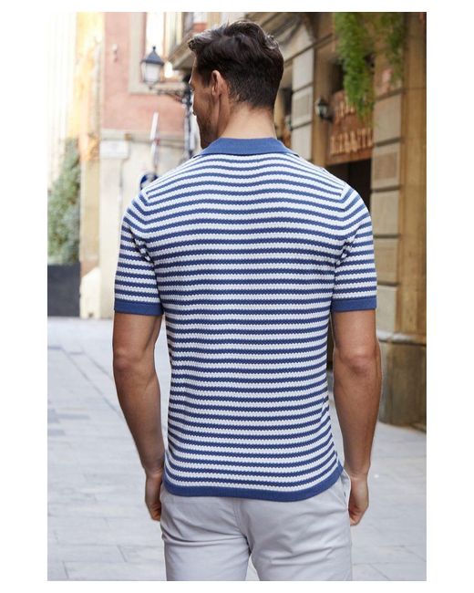 Threadbare Blue 'Coniston' Cotton Mix Striped Short Sleeve Knitted Shirt for men