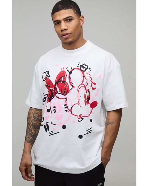 BoohooMAN Gray Oversized Extended Neck Disney Mickey & Minnie Mouse License Printed T-Shirt for men