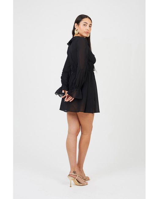 Brave Soul Black Frill Detail Ruched Mini Dress Cotton
