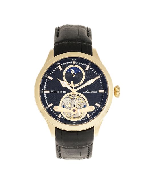 Heritor Metallic Gregory Semi-Skeleton Leather-Band Watch for men
