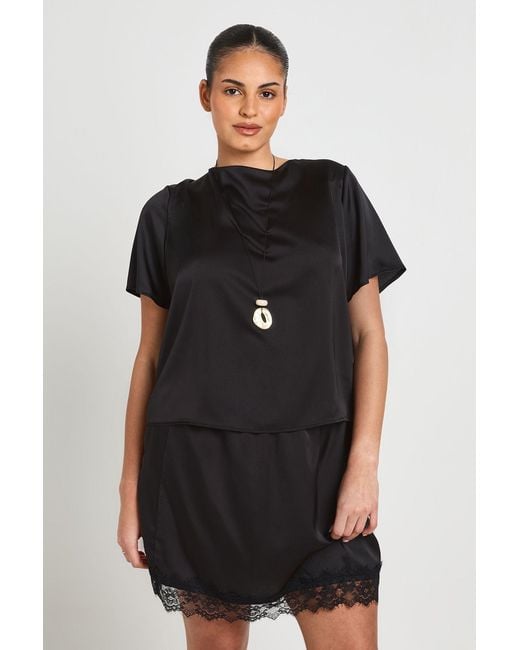 Boohoo Black Plus Satin Oversized T-Shirt And Lace Mini Skirt Co-Ord
