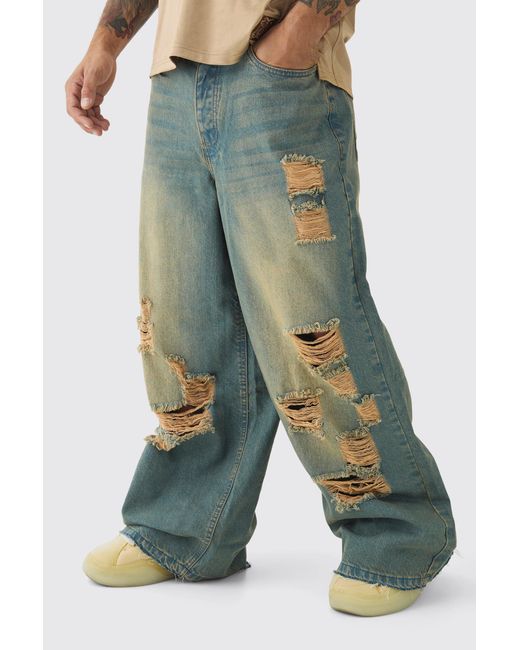 BoohooMAN Blue Extreme Baggy Rigid All Over Ripped Jeans for men
