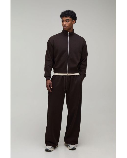 BoohooMAN Black Oversized Boxy Zip Through Funnel Neck And Wide Leg Jogger for men