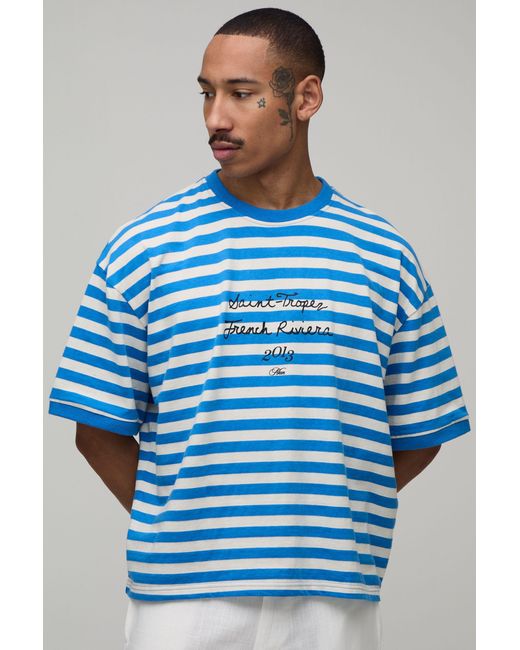 BoohooMAN Blue Oversized Boxy Stripe Saint Tropez Print T-Shirt for men