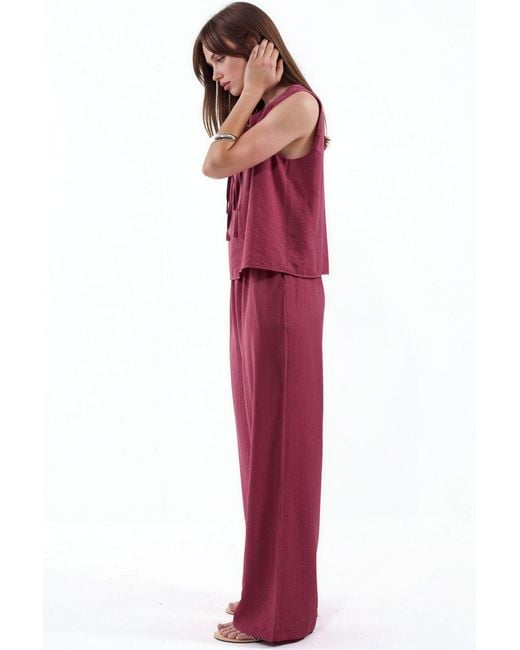 Hiccup Red Viscose Blend Blouse With Tie Detail & Elastic Waist Pants Set