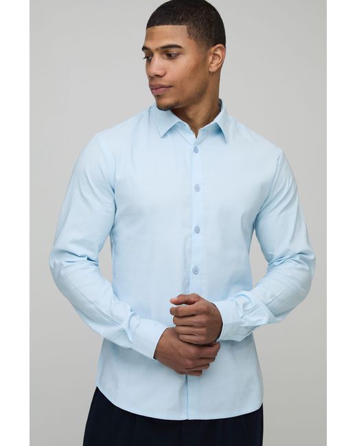 BoohooMAN Blue Slim Fit Long Sleeve Cotton Shirt for men