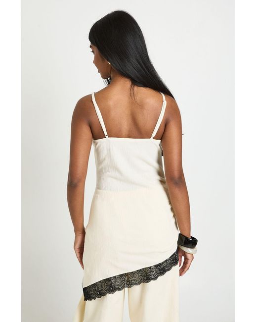 Boohoo White Crinkle Lace Trim Long Line Asymetric Cami Top