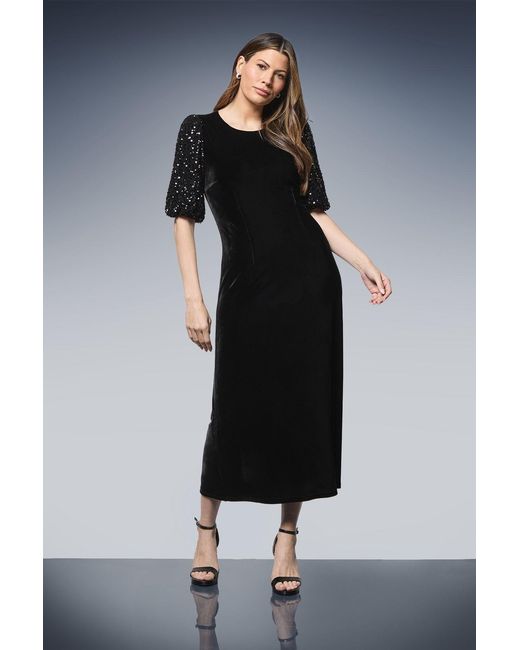 Wallis Blue Sequin Puff Sleeve Velvet Tie Back Midi Dress
