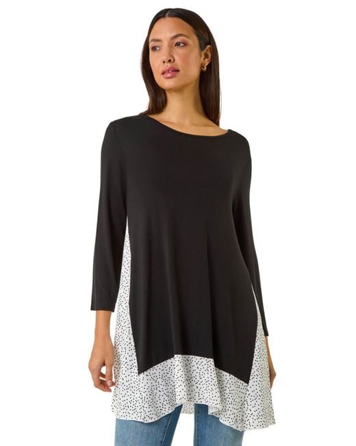 Roman Black Polka Dot Side Split Tunic Top