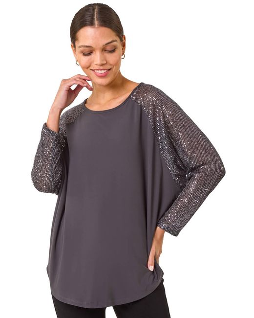 Roman Purple Sequin Sleeve Tunic Stretch Top