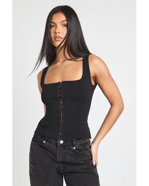 Boohoo Black Cotton Touch Hook And Eye Sleeveless Corset Top