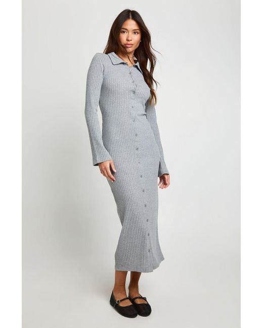 Boohoo Gray Ribbed Collared Button Down Shirt Midaxi Dress