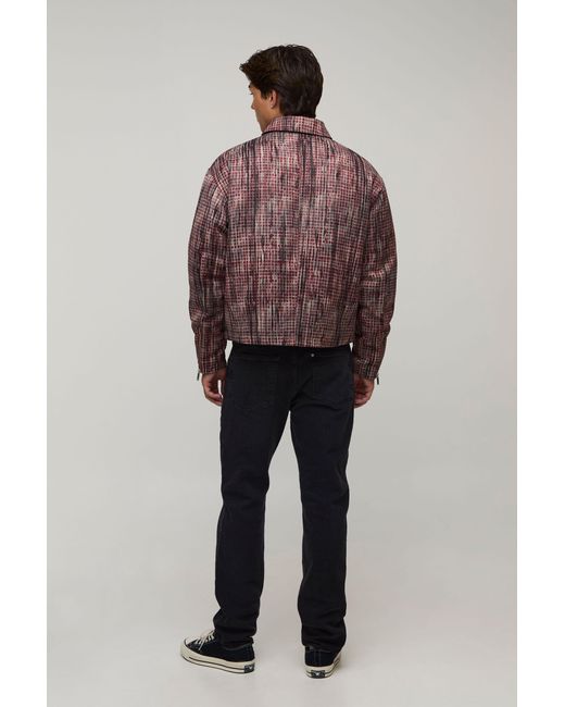 BoohooMAN Red Boxy Fit Distressed Check Harrington Jacket for men