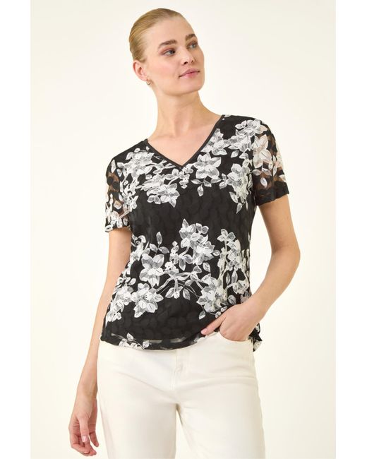 Roman Black Floral Lace V-Neck Top
