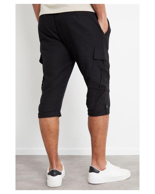 Threadbare Black 'Memphis' Linen Blend 3/4 Length Cargo Trousers for men
