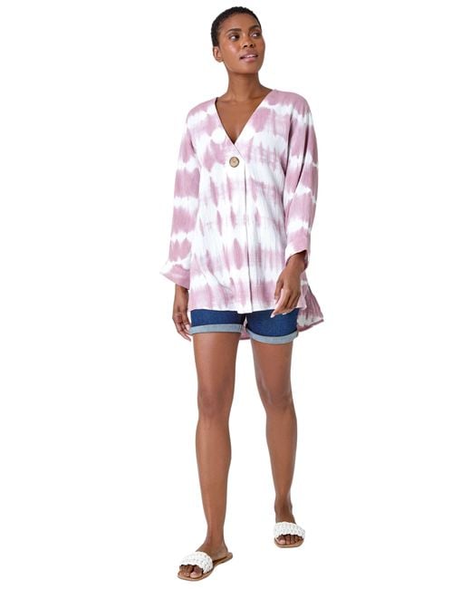 Roman Red Cotton Tie Dye Button Detail V-Neck Top