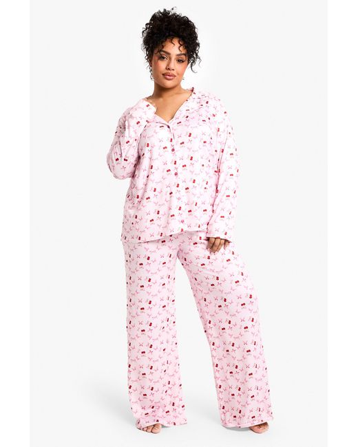 Boohoo Pink Plus Cherry Print Long Sleeve & Trouser Pj Set