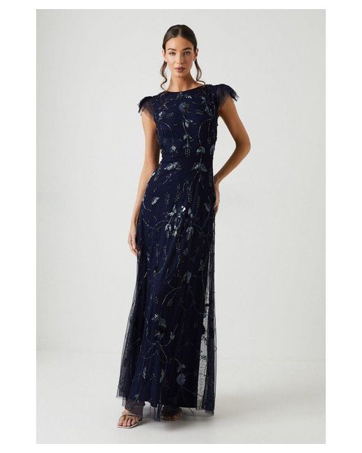 Coast Blue Trailing Floral Flutter Sleeve Mesh Bridesmaids Dress