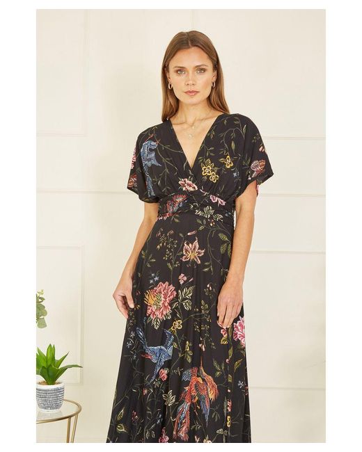 Yumi' Black Viscose Bird And Floral Print Kimono Midi Dress