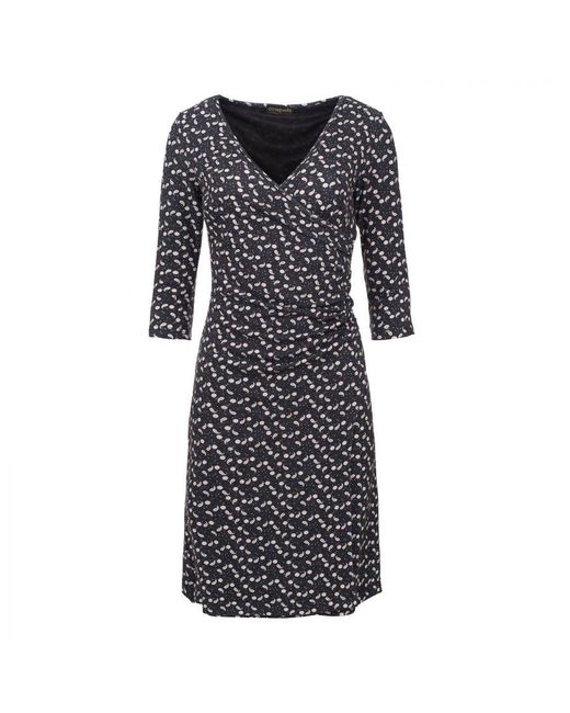 Conquista Black Print Faux Wrap Wool Dress