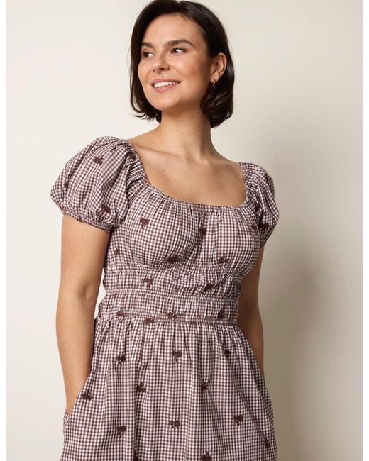 Blue Vanilla Brown Gingham Milkmaid Midi Dress