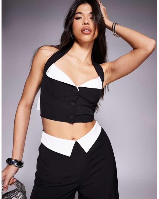 ASOS Black Co-Ord Satin Contrast Halter Bralet With Bow Back