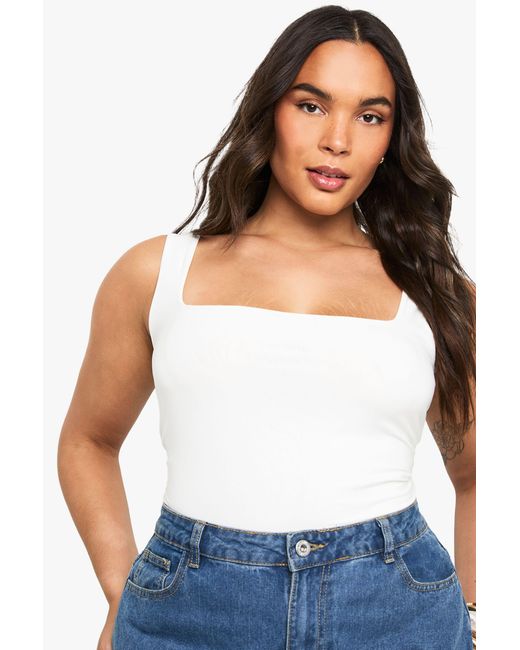 Boohoo White Plus Double Layer Slinky Square Neck Tank