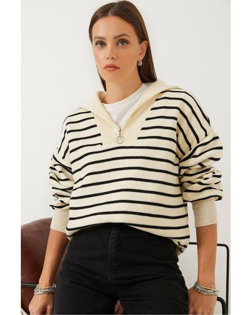 Bianco Lucci Multicolor Striped Boxy Crop Sweater With Zipper Collar
