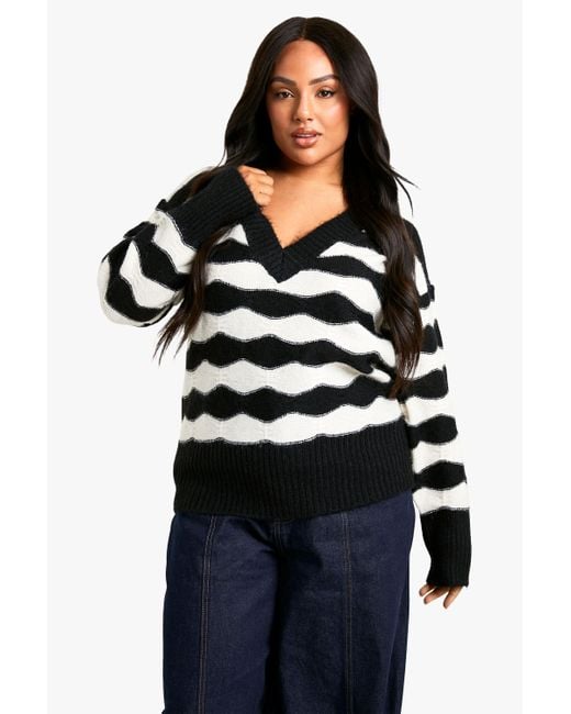 Boohoo V Neck Strip Oversized Knitted Sweater in Black Lyst UK