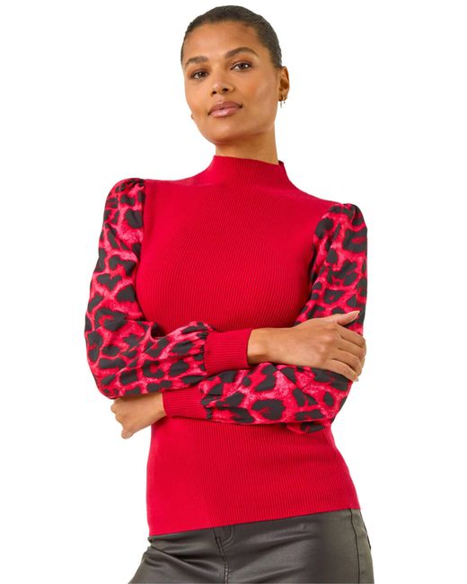 Roman Red Animal Print Mesh Sleeve Knit