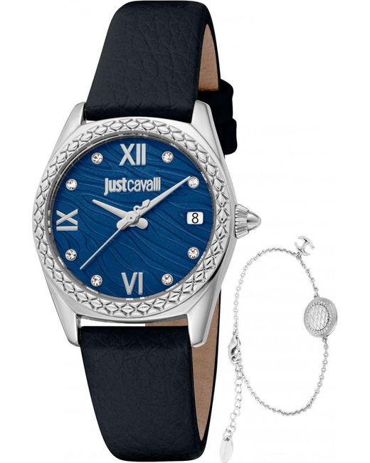Just Cavalli Blue Jc1L312L0015 Ladies Indomitable Animalier Watch And Bracelet Gift Set