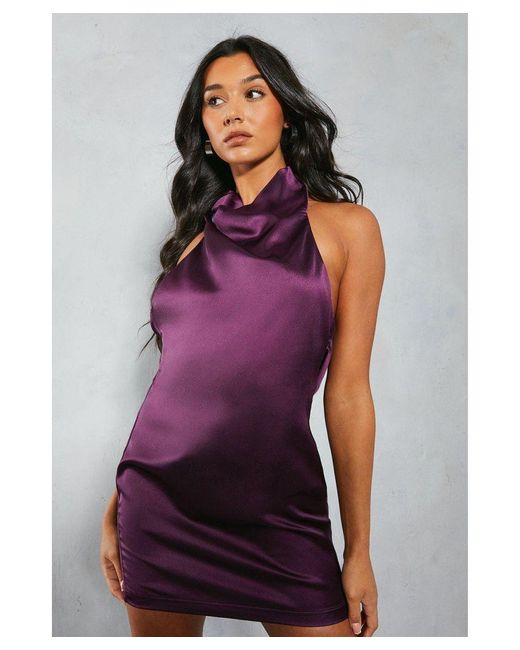 MissPap Purple Satin Grown On Neck Halterneck Low Back Mini Slip Dress