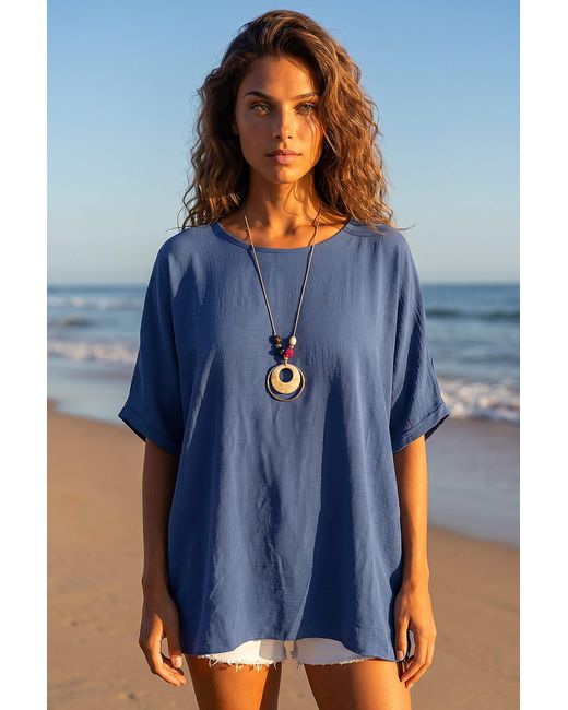 Roman Blue Plain Tunic Top With Necklace