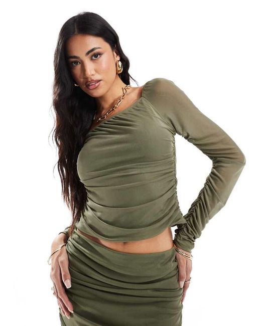 ASOS Green Co-Ord Mesh Long Sleeve Ruched Top