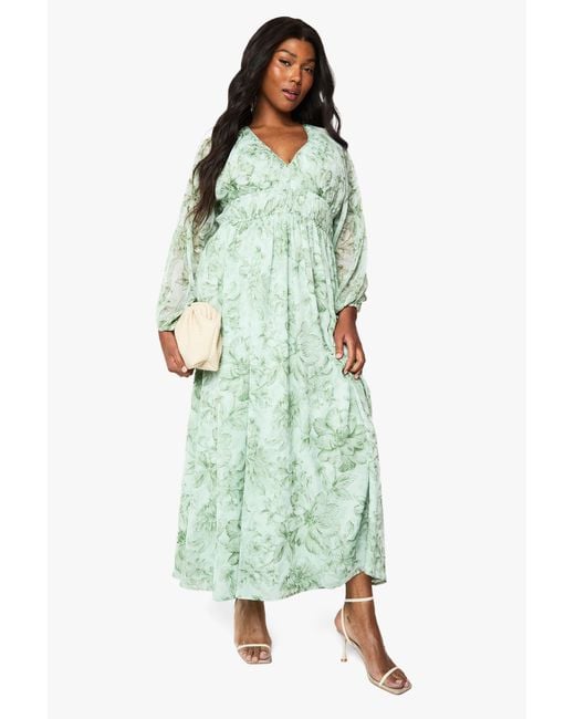 Boohoo Green Plus Floral Chiffon Ruched Blouson Sleeve Maxi Dress