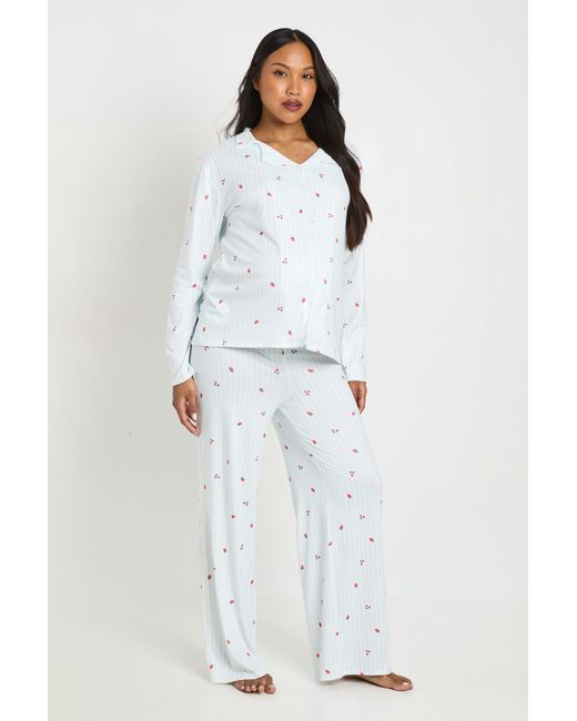 Boohoo White Maternity Stripe And Fruit Print Long Sleeve Shirt & Trouser Pyjama Set