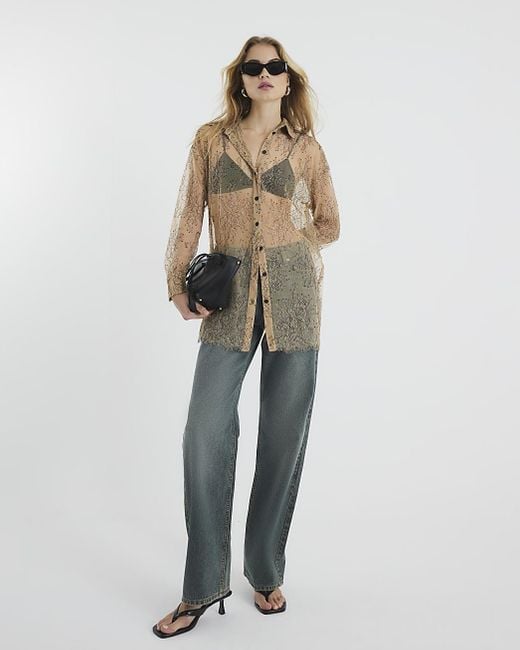 River Island Natural Shirt Long Sleeved Sheer Lace Material_Nylon