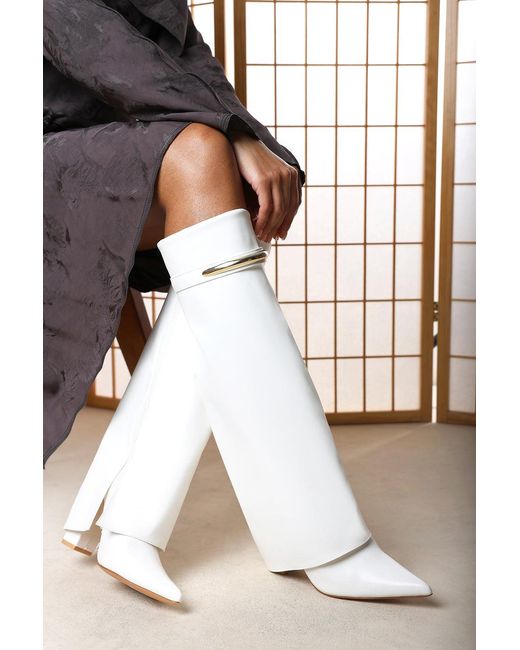 Where's That From White Wheres Nareva Fold Over Shark Block Heel Point Toe Boots With Trim Detail