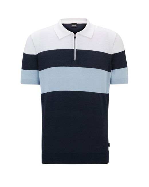 Boss Blue Hugo Boss Trieste Half Zip Short Sleeved Polo Shirt Stripe for men