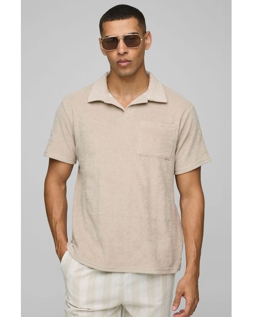 BoohooMAN Natural Regular Pocket Detail Toweling Revere Polo for men