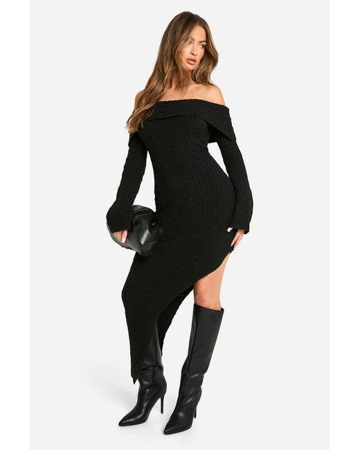 Boohoo Black Soft Cable Asymmetric Hem Bardot Maxi Dress
