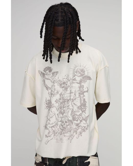 BoohooMAN Natural Oversized Boxy Exposed Seam Doodle Gothic Print T-Shirt Cotton for men