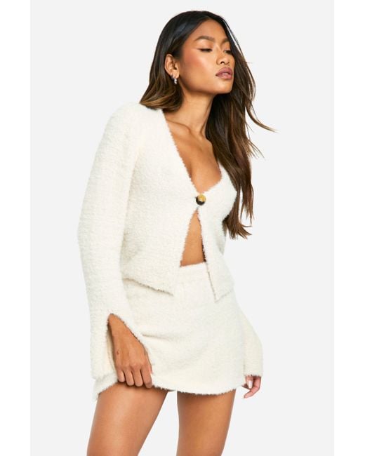 Boohoo White Fluffy Knit Button Front Cardigan