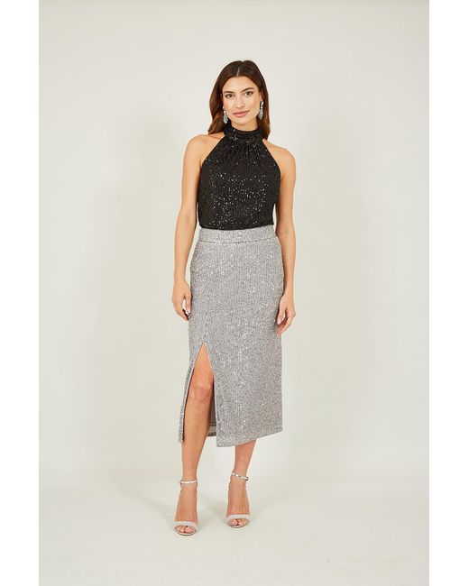 Yumi' White Sequin Fitted Skirt With Front Slit