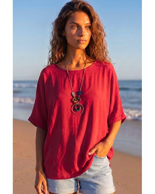 Roman Red Plain Tunic Top With Necklace