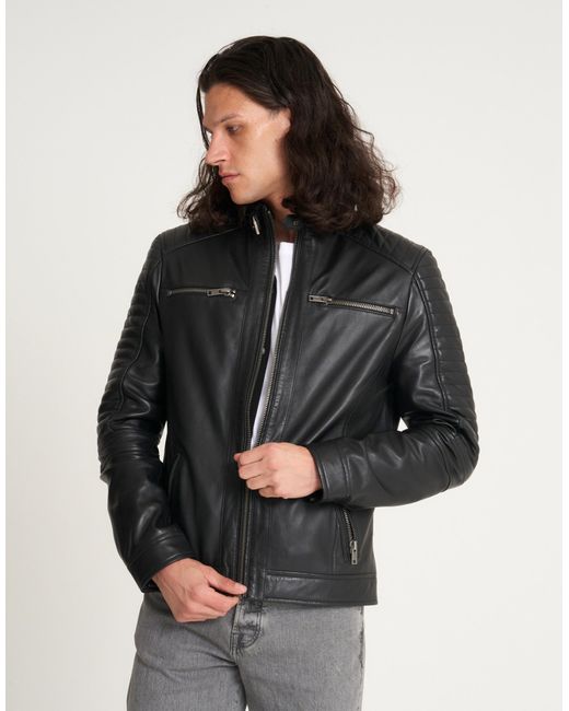 Barney's Originals Gray Real Leather Racer Jacket for men