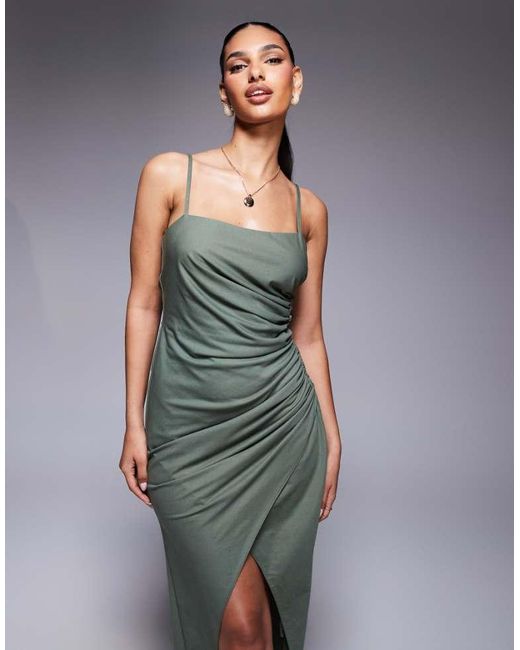 ASOS Green Linen Look Drapey Cami Midi Dress With Channelled Cut Out Detail