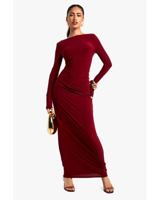 Boohoo Red Asymmetric Cut Out Backless Maxi Slinky Dress