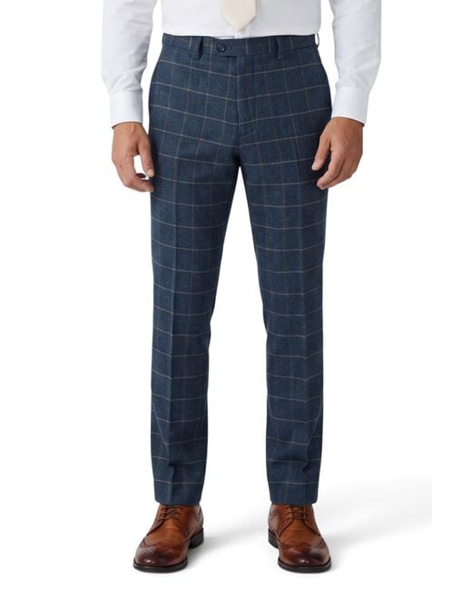 Paul Andrew Blue Tweed Herringbone Check Trousers for men